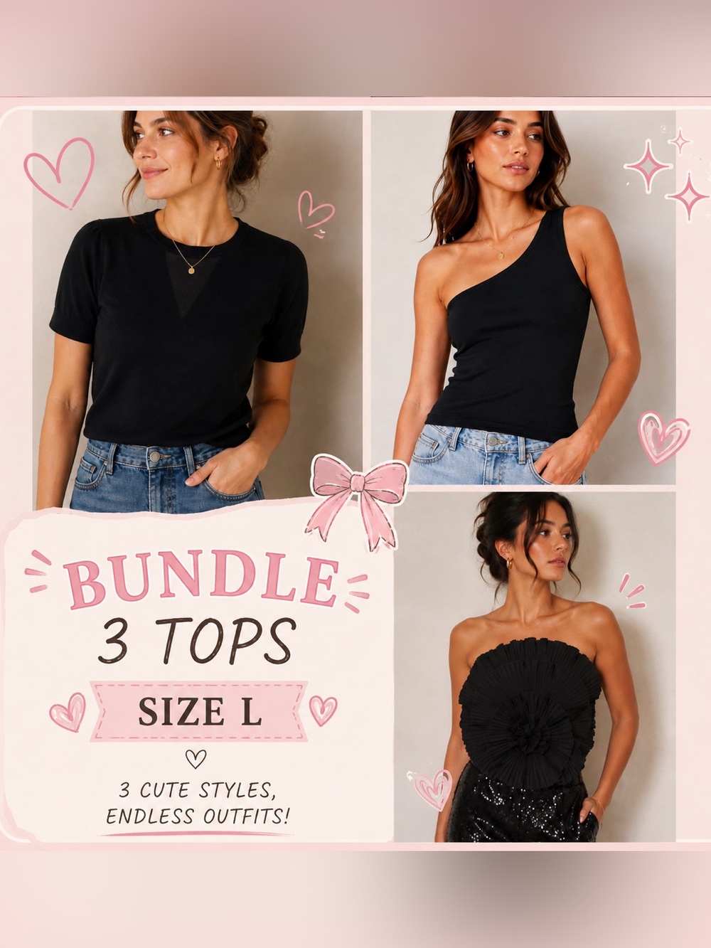 3 Black Tops Bundle – Size L | DKNY, Ann Taylor & SHEIN